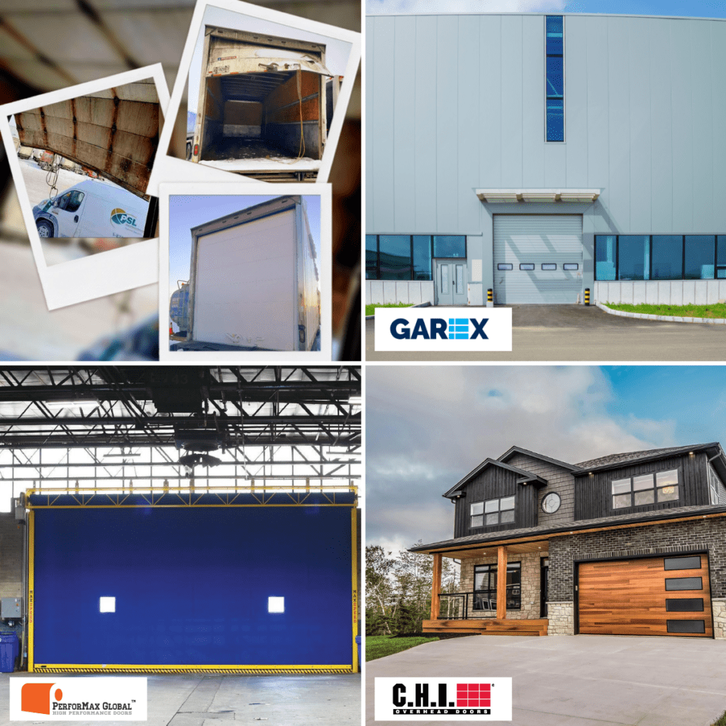 collage of photos of rubber garage door, commercial garage door, sectional garage door and truck doors