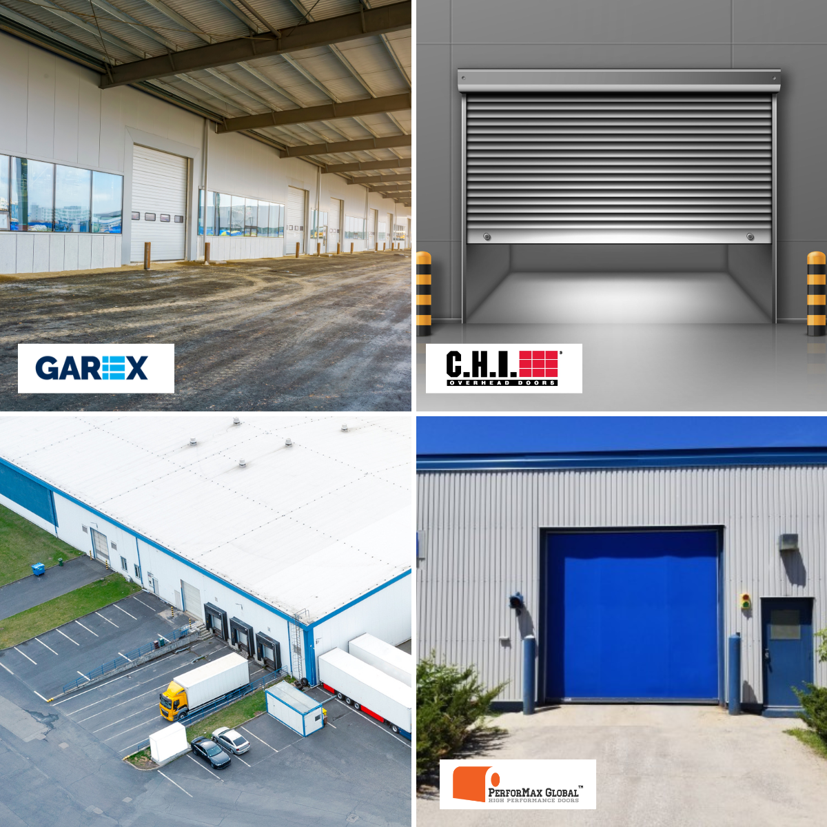 collage of photos of rubber garage door, commercial garage door, sectional garage door and truck doors